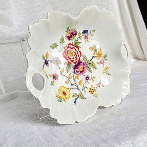 Vintage Limoges France Porcelain Floral Flower Handled Trinket Candy Dish Bowl